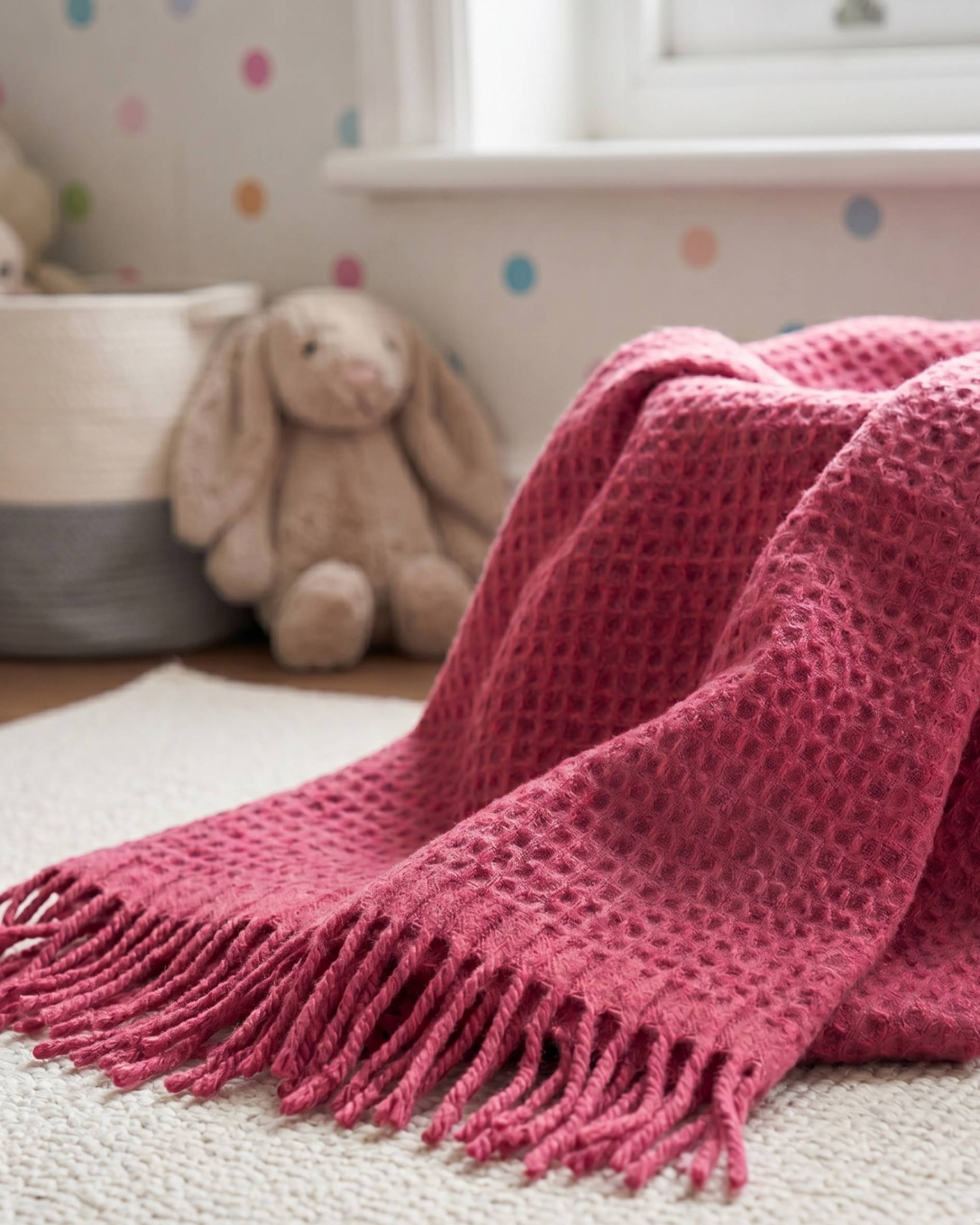 Bright pink waffle blanket in childs bedroom