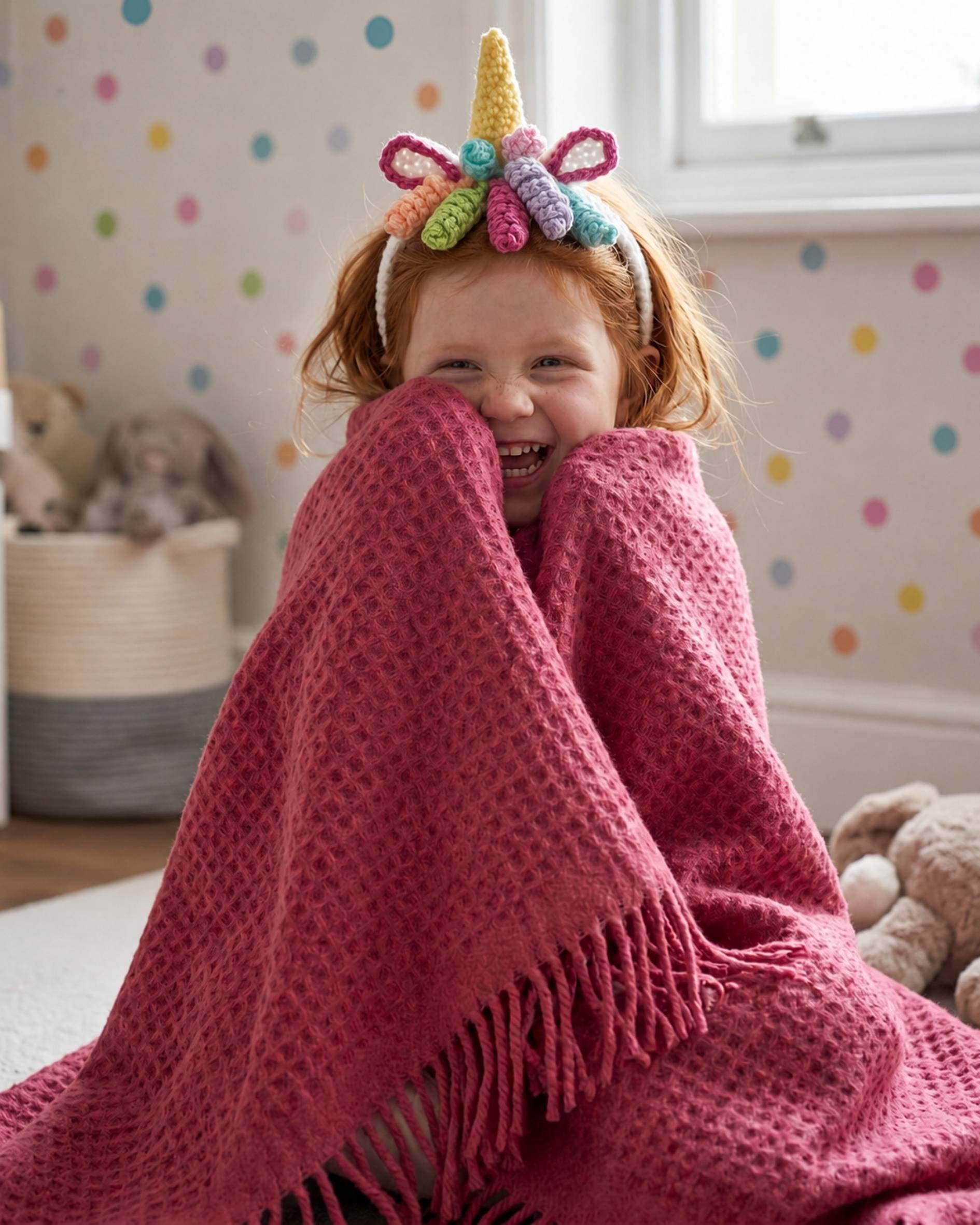 Little girl playing in her room with Bright pink Waffle blanket