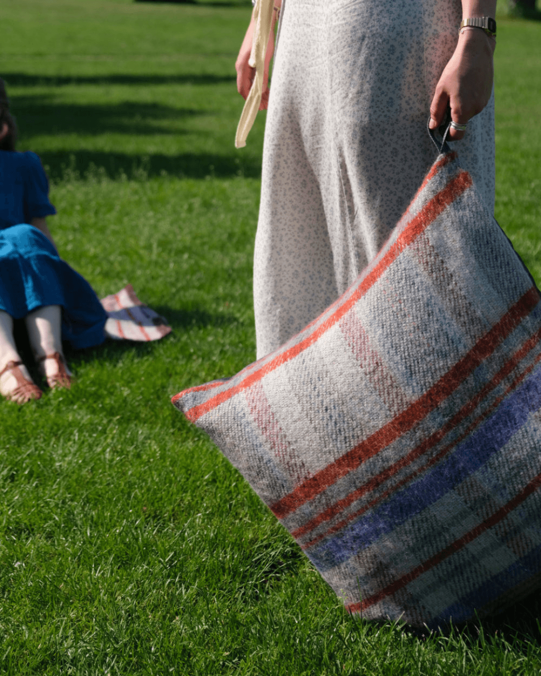 Person holding a outdoor cushion on grass during a picnic