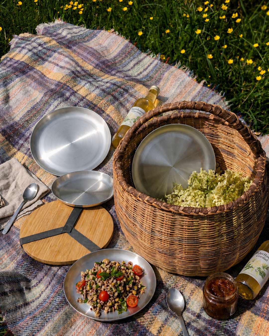 Picnic in the meadow with a random recycled blanket and Black + Blum Stainless Steel plates 