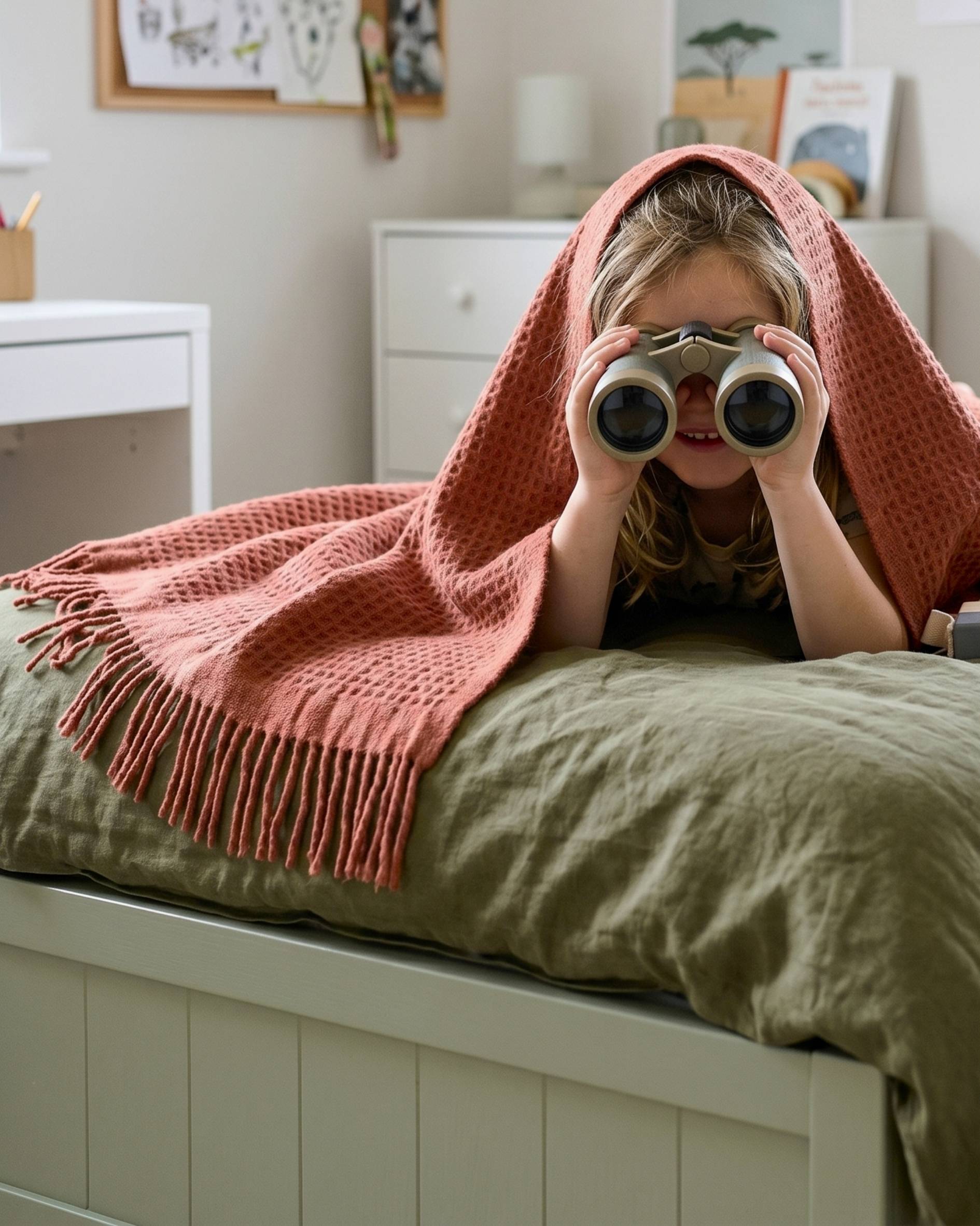 Child looking through binoculars from under a terracotta waffle blanket