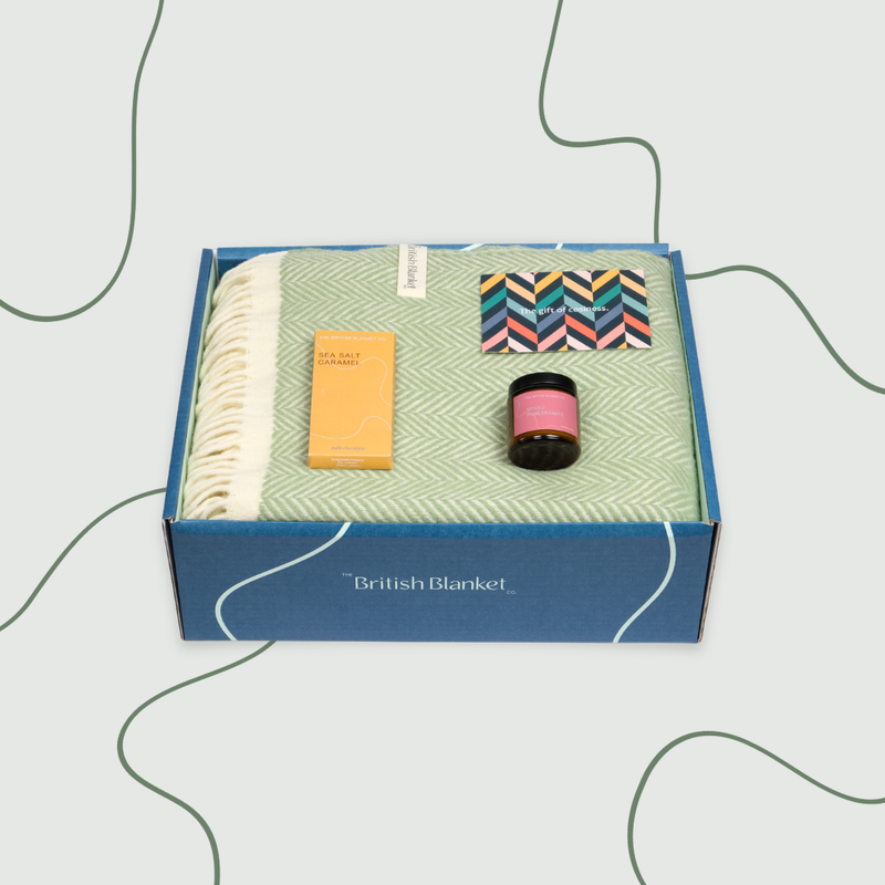 Blanket Gift Box green herringbone blanket candle and chocolate