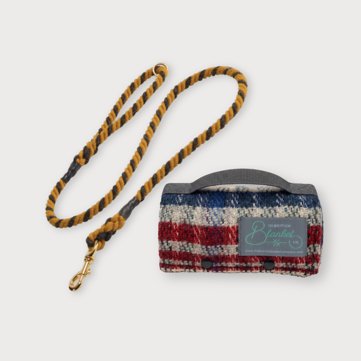 Waterproof backed random recycled dog mat and rope lead in mustard