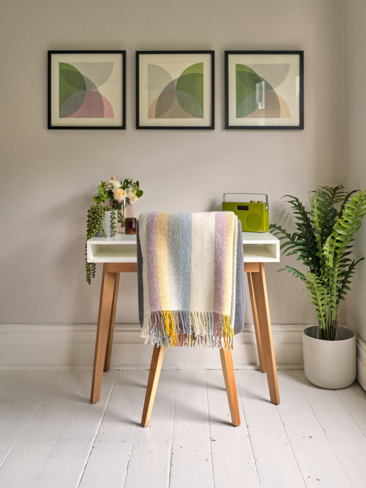 Work from home desk styled with Pastel Rainbow Stripe Herringbone Throw by The British Blanket Company