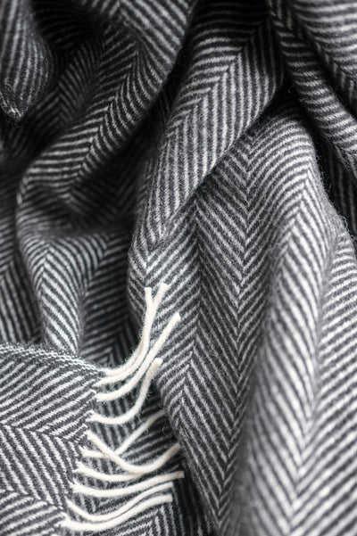 close up texture of Black Herringbone Throw by The British Blanket Company