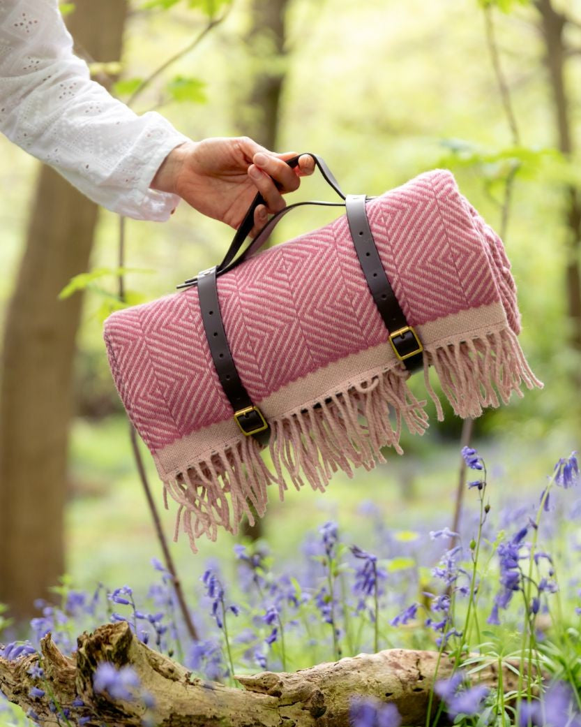 Waterproof Picnic Blanket: Clover and Briar Rose, featuring a wool design with waterproof backing and leather straps, ideal for outdoor gatherings.