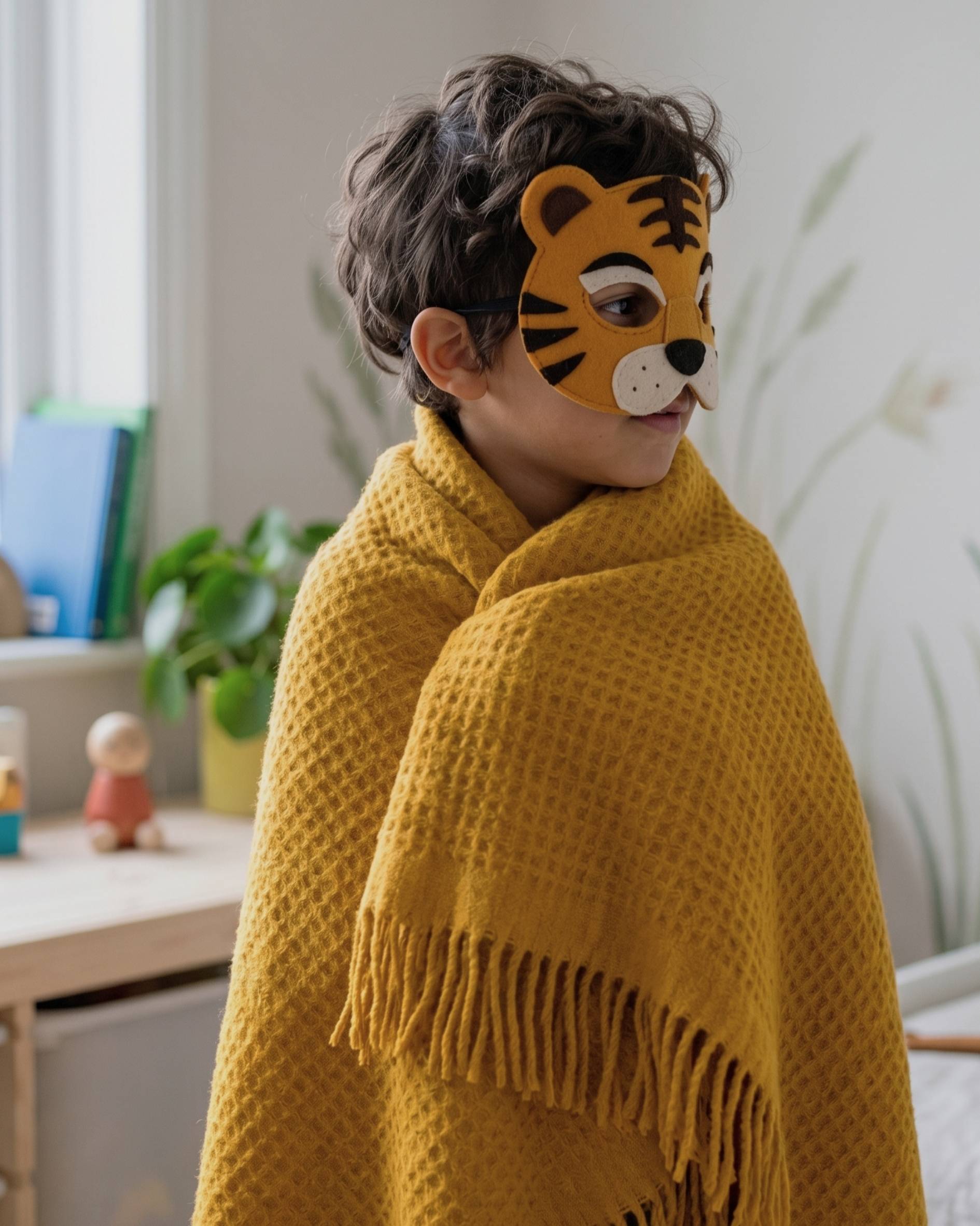 Young boy playing in his room with the yellow waffle kids blanket from The British Blanket Company