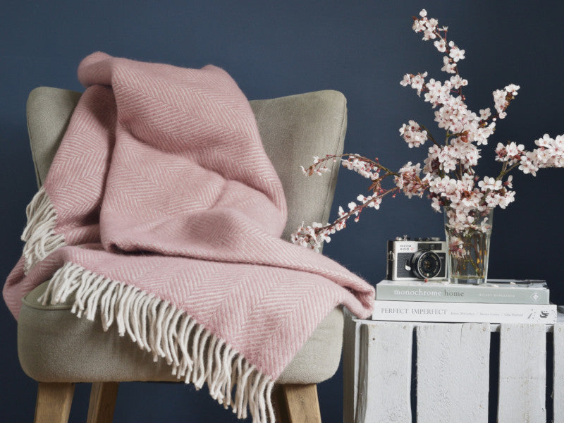 extra large pink wool blanket on a chair