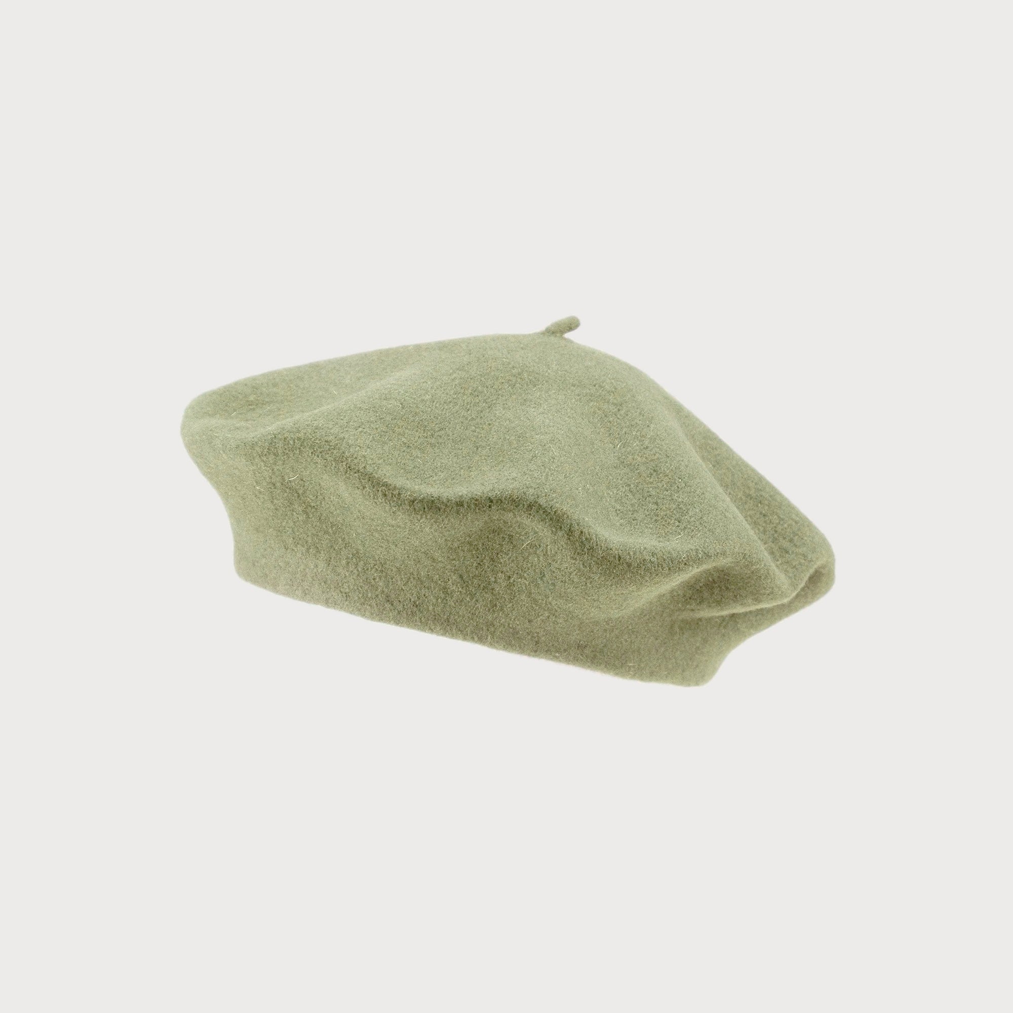 Wool Beret Hat: Light Green, an olive-green beret made from premium thick wool, featuring a classic stem on top, offering warmth and French-inspired style.