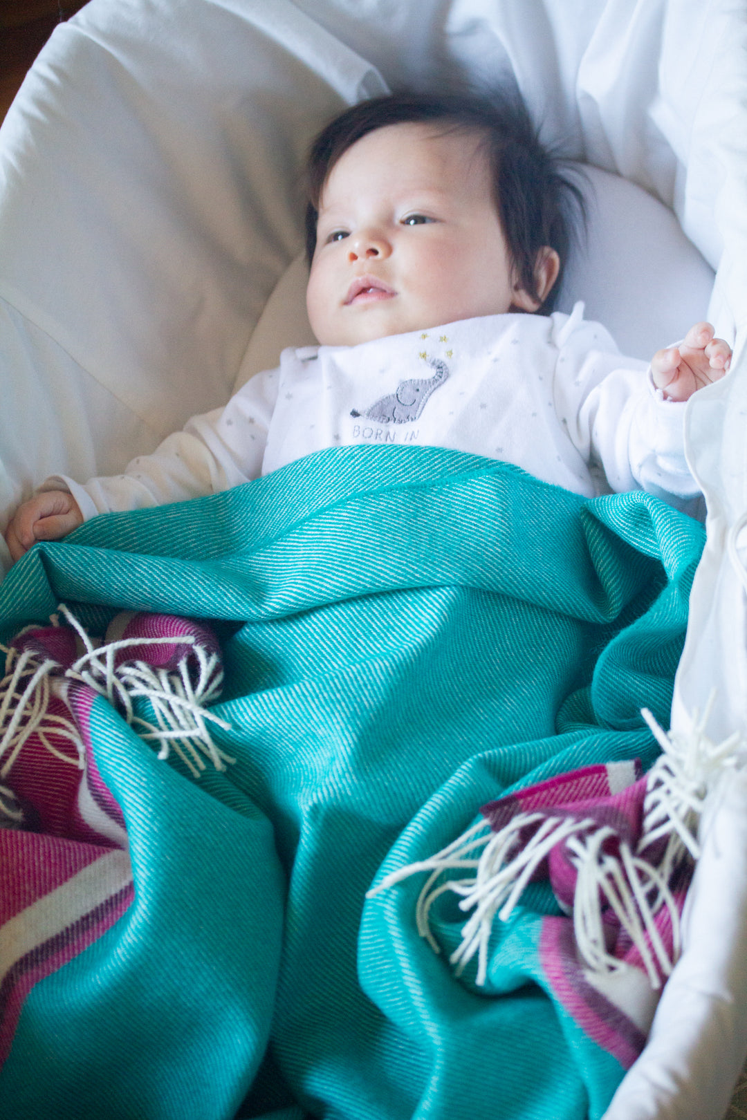A baby lying down wrapped in a blue merino lambswool baby blanket