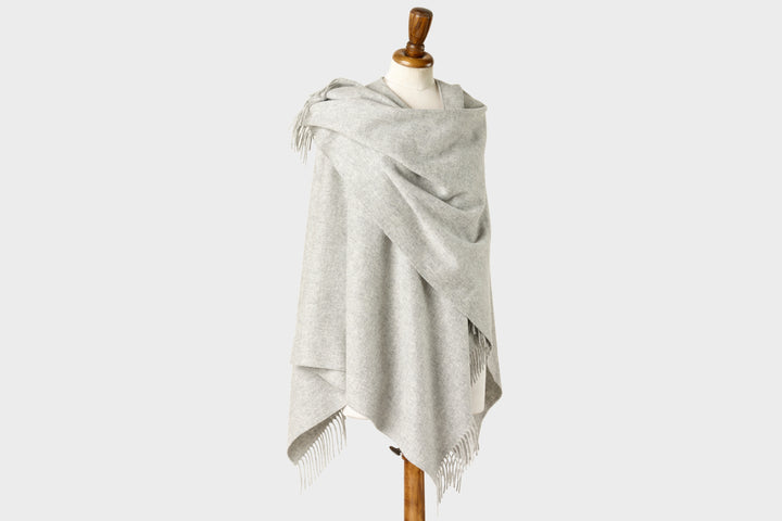 Light grey wearable wool blanket wrap by The British Blanket Company
