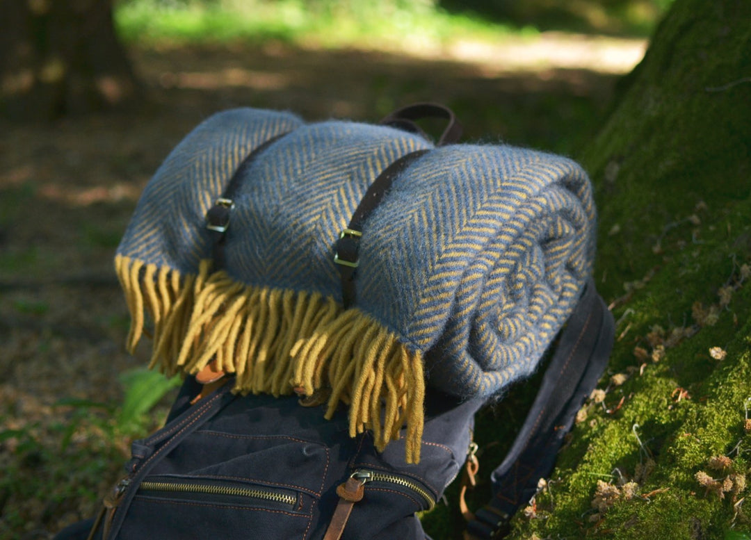 A rolled up yellow and blue herringbone wool picnic rug on a backpack lying against a tree