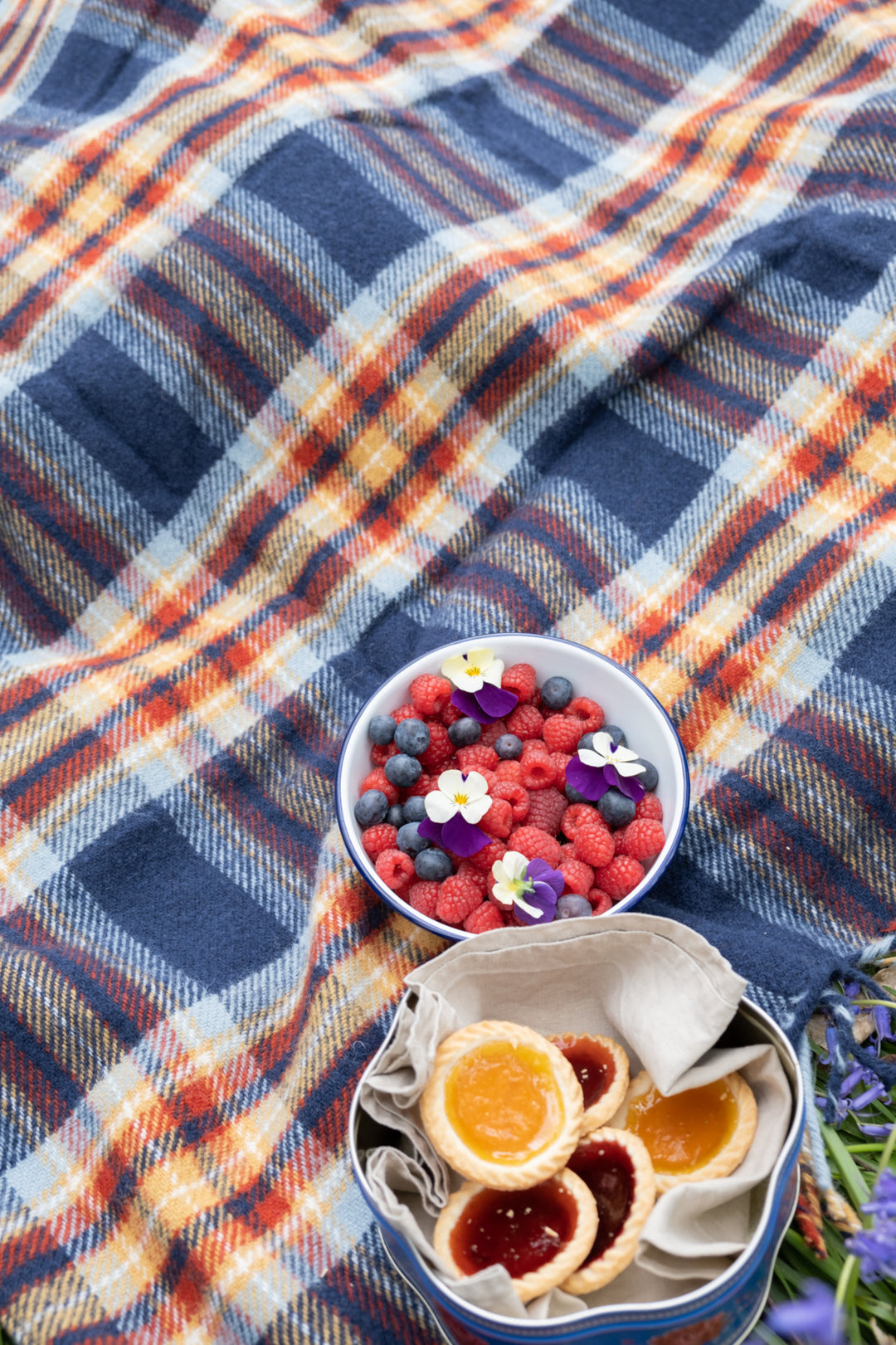 Multi-coloured wool picnic rug underneath a bowl of berries.