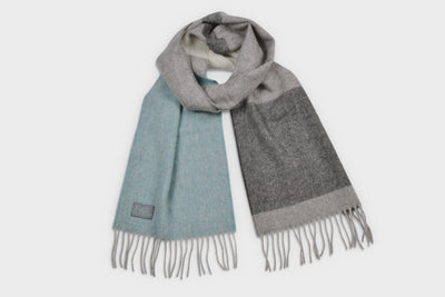 Blue and grey lambswool scarf by The British Blanket Company.