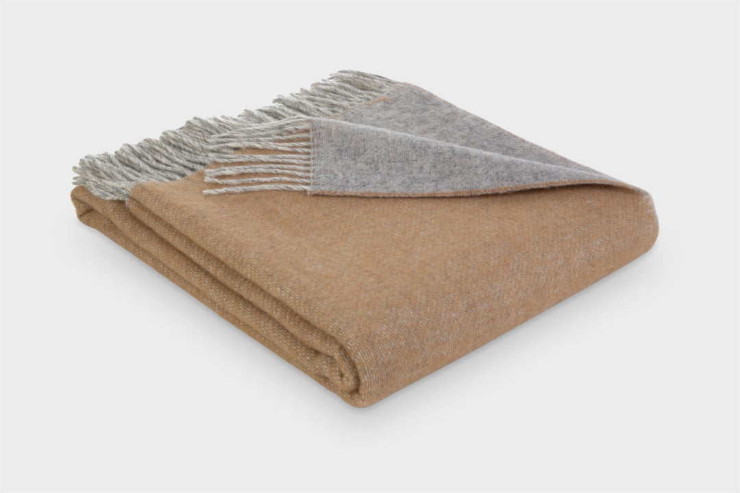 Folded sand brown and grey reversible wool throw blanket by The British Blanket Company