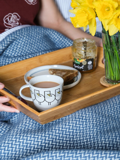 A blue herringbone wool blanket is underneath a tray holding a cup of tea, a plate of food, and various glasses.