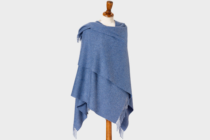 blue wearable blanket wrap shawl made from soft merino lambswool by The British Blanket Company