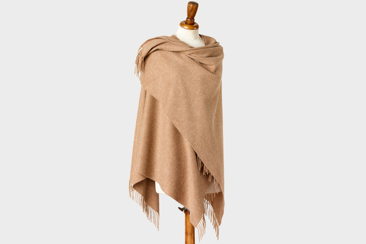 camel beige wearable blanket wrap shawl made from soft merino lambswool by The British Blanket Company
