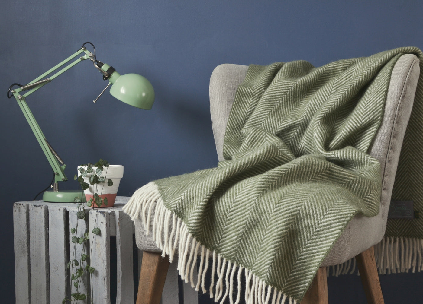 Green herringbone wool blanket draped over a lounge chair on the right. A table lamp and plant pot are on a wooden crate on the left.