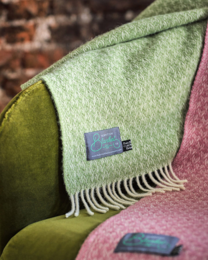 close up of green crescent wool throw blanket by The British Blanket Company online shop