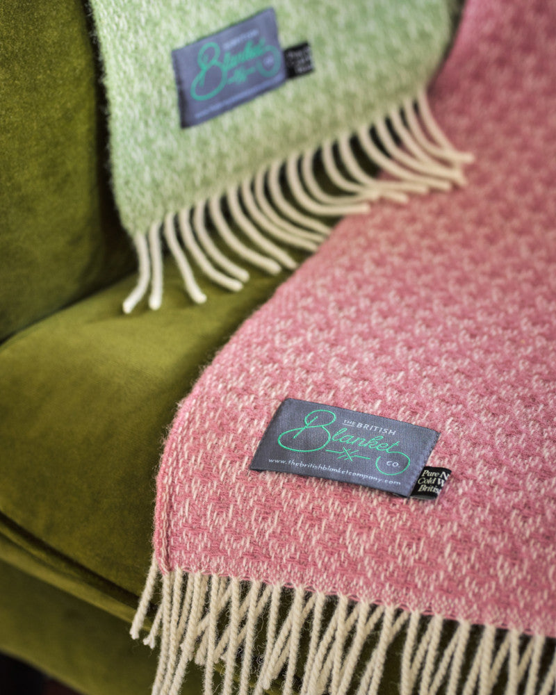 close up of pink crescent wool throw blanket by The British Blanket Company online shop